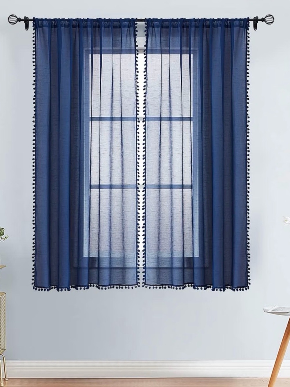 Classic Navy Sheer Pom-Pom Curtain Panel -